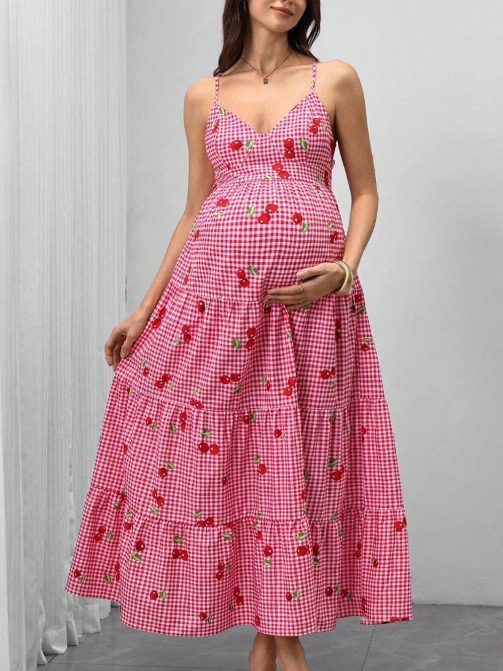 Multicolor Boho Chic Women's Cherry Print maternity Maxi Sundress - Picture 5 of 6